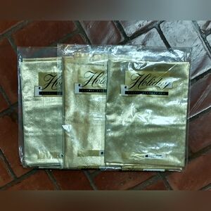 3 PKG VTG Kemp Beatley Christmas Fabric Tablecloth 52" x 52" Holiday Gold Lame